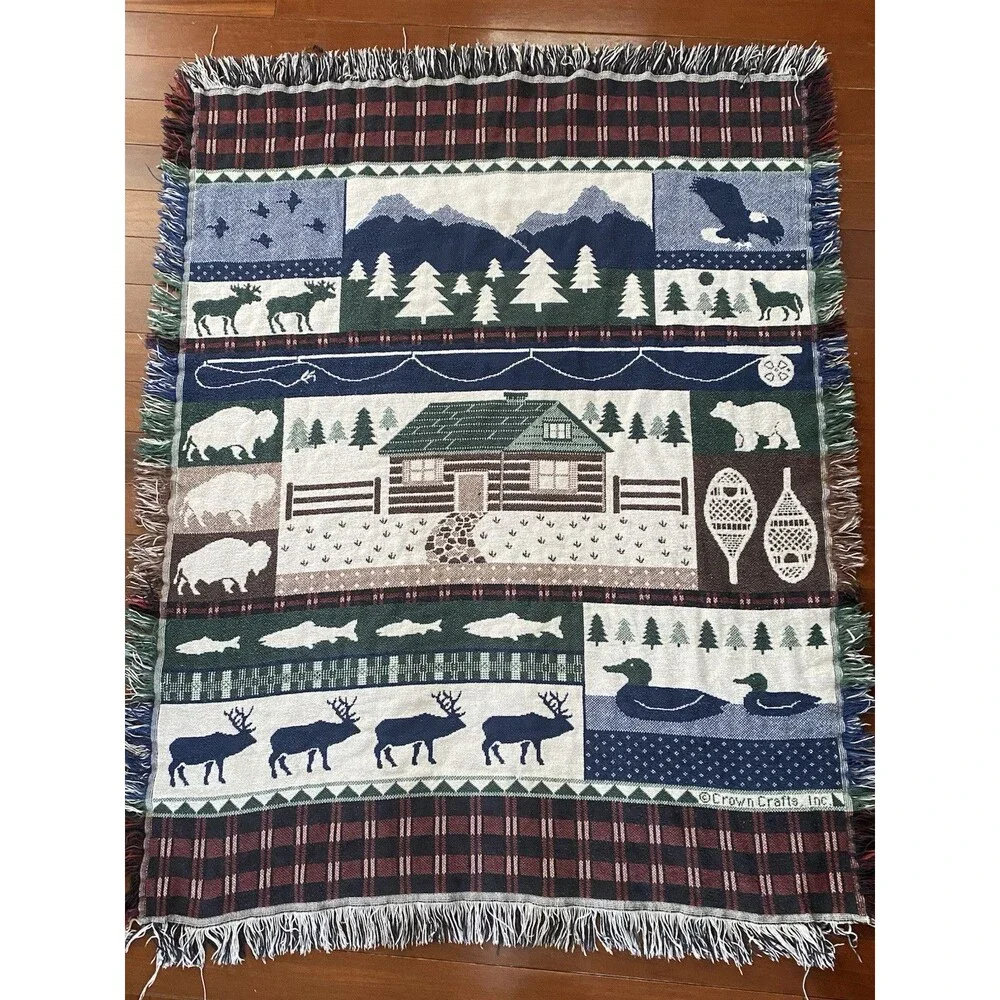 Crown Craft Tapestry Cotton Throw Blanket Cabin Outdoors Fishing Country Cottage